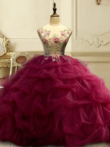 Exquisite Burgundy Sleeveless Floor Length Appliques and Ruffles and Sequins Lace Up Sweet 16 Dress