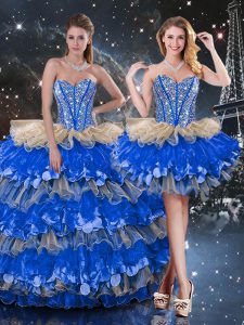 Sleeveless Organza Floor Length Lace Up Vestidos de Quinceanera in Multi-color with Beading and Ruffles and Ruffled Layers