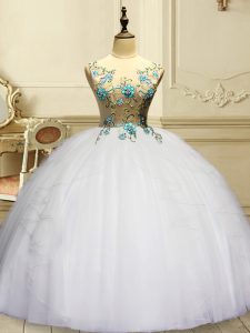 White Ball Gowns Organza Scoop Sleeveless Appliques and Ruffles Floor Length Lace Up Quinceanera Gown