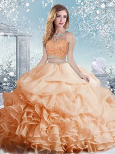 Best Selling Scoop Sleeveless Clasp Handle Sweet 16 Dresses Peach Organza