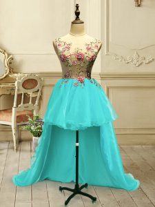 Flare Aqua Blue Ball Gowns Scoop Sleeveless Organza High Low Lace Up Embroidery Homecoming Dress