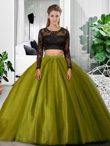 Olive Green Two Pieces Lace and Ruching Sweet 16 Dress Backless Tulle Long Sleeves Floor Length