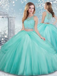 Extravagant Aqua Blue Ball Gowns Beading and Lace Sweet 16 Quinceanera Dress Clasp Handle Tulle Sleeveless Floor Length