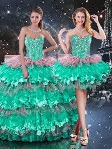 Enchanting Multi-color Organza Lace Up Sweetheart Sleeveless Floor Length 15 Quinceanera Dress Beading and Ruffles and Ruffled Layers