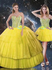 Gold Sweetheart Lace Up Ruffled Layers and Sequins 15 Quinceanera Dress Sleeveless