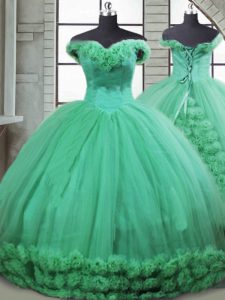 New Style Turquoise Ball Gowns Off The Shoulder Sleeveless Fabric With Rolling Flowers Brush Train Lace Up Hand Made Flower Vestidos de Quinceanera