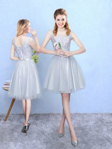 Wonderful Empire Dama Dress for Quinceanera Silver Square Tulle Sleeveless Knee Length Lace Up