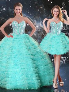 Modest Turquoise Lace Up Quinceanera Dress Beading and Ruffled Layers Sleeveless Floor Length