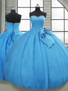 Charming Sweetheart Sleeveless Quince Ball Gowns Floor Length Bowknot Baby Blue Tulle