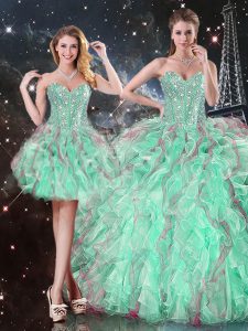 Deluxe Turquoise Lace Up Sweet 16 Quinceanera Dress Beading and Ruffles Sleeveless Floor Length