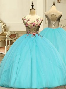 Aqua Blue Lace Up Quinceanera Gowns Appliques Sleeveless Floor Length