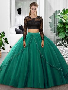 Sophisticated Tulle Scoop Long Sleeves Backless Lace and Ruching 15th Birthday Dress in Dark Green