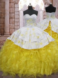Cute Yellow And White Sweet 16 Dress Organza Brush Train Sleeveless Beading and Appliques and Ruffles