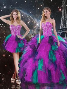 Discount Multi-color Tulle Lace Up Vestidos de Quinceanera Sleeveless Floor Length Beading and Ruffles