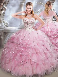 Classical Baby Pink Lace Up Sweetheart Beading and Ruffles Vestidos de Quinceanera Organza Sleeveless