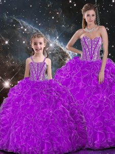 Affordable Sleeveless Floor Length Beading and Ruffles Lace Up Quince Ball Gowns with Purple