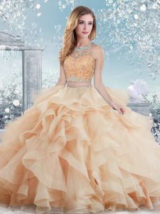 Dynamic Peach 15 Quinceanera Dress Military Ball and Sweet 16 with Beading and Ruffles Scoop Sleeveless Clasp Handle