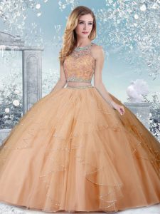 Vintage Ball Gowns Quinceanera Gown Champagne Scoop Tulle Sleeveless Floor Length Clasp Handle