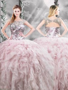 Stylish Pink Sleeveless Floor Length Ruffles Zipper Quince Ball Gowns