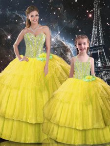 Glittering Floor Length Lace Up Vestidos de Quinceanera Gold for Military Ball and Sweet 16 and Quinceanera with Ruffled Layers