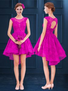 Fuchsia Sleeveless High Low Lace and Belt Lace Up Quinceanera Court Dresses
