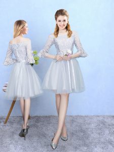 Affordable Silver Tulle Lace Up Off The Shoulder Half Sleeves With Train Quinceanera Dama Dress Lace