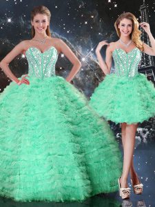 Sleeveless Floor Length Beading and Ruffled Layers Lace Up 15th Birthday Dress with Apple Green