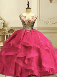 Floor Length Hot Pink Quinceanera Gown Organza Sleeveless Appliques and Ruffles