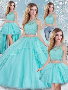 Discount Lace and Sequins Ball Gown Prom Dress Aqua Blue Clasp Handle Sleeveless Floor Length