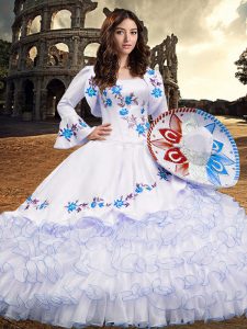 Artistic Embroidery and Ruffled Layers Quince Ball Gowns Baby Blue Lace Up Long Sleeves Floor Length