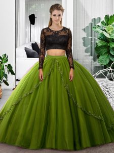 Traditional Long Sleeves Tulle Floor Length Backless Vestidos de Quinceanera in Olive Green with Lace and Ruching