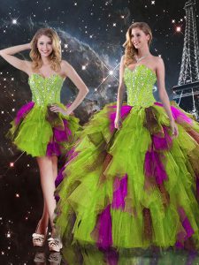 Hot Sale Multi-color Three Pieces Sweetheart Sleeveless Tulle High Low Lace Up Ruffles Quinceanera Gowns