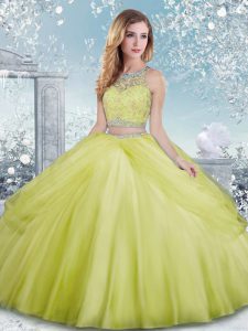 Scoop Sleeveless Clasp Handle Quinceanera Dresses Yellow Green Tulle