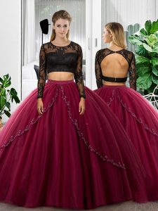 Fuchsia Long Sleeves Tulle Backless Sweet 16 Dress for Military Ball and Sweet 16 and Quinceanera