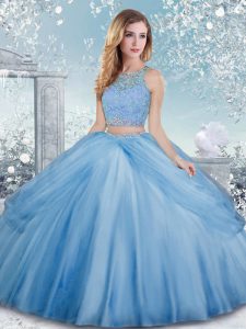 Baby Blue Sweet 16 Dress Military Ball and Sweet 16 and Quinceanera with Beading Scoop Sleeveless Clasp Handle