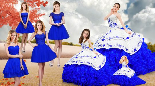 Royal Blue Organza Lace Up Quinceanera Dress Sleeveless Brush Train Embroidery and Ruffles
