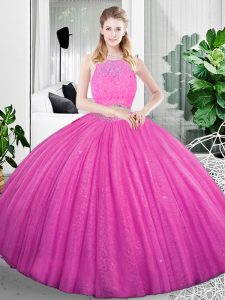 Floor Length Fuchsia Sweet 16 Quinceanera Dress Organza Sleeveless Lace and Ruching