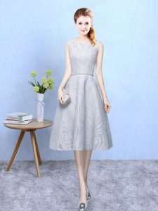 Most Popular Grey Empire Lace Scoop Sleeveless Lace Tea Length Zipper Dama Dress