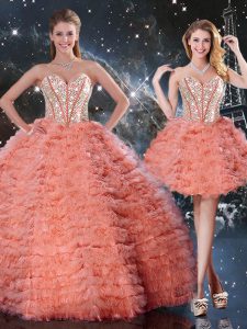 Spectacular Watermelon Red Sweetheart Neckline Beading and Ruffled Layers Sweet 16 Dresses Sleeveless Lace Up