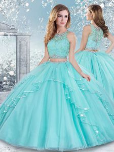 Colorful Aqua Blue Tulle Clasp Handle Vestidos de Quinceanera Sleeveless Floor Length Beading and Lace