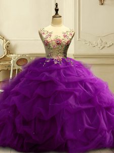 Fashion Floor Length Purple Sweet 16 Dresses Scoop Sleeveless Lace Up