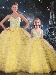 Sleeveless Tulle Floor Length Lace Up Sweet 16 Dresses in Yellow with Beading and Ruffles