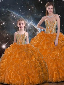 Best Orange Quinceanera Gowns Military Ball and Sweet 16 and Quinceanera with Beading and Ruffles Sweetheart Sleeveless Lace Up