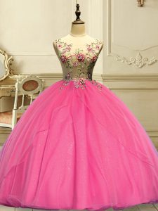Suitable Rose Pink Scoop Neckline Appliques 15 Quinceanera Dress Sleeveless Lace Up