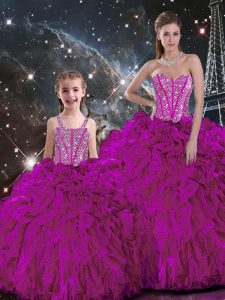 Fuchsia Sweetheart Lace Up Beading and Ruffles Quinceanera Gowns Sleeveless
