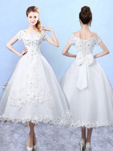 White Tulle Lace Up Scoop Short Sleeves Ankle Length Dama Dress Beading and Lace and Bowknot