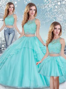 Sexy Aqua Blue Three Pieces Beading and Lace and Sequins Vestidos de Quinceanera Clasp Handle Tulle Sleeveless Floor Length