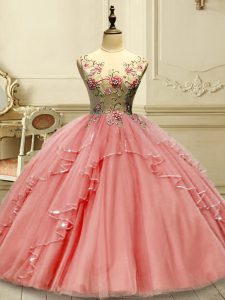 Admirable Tulle Scoop Sleeveless Lace Up Appliques Quinceanera Gown in Watermelon Red