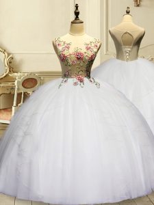 White Organza Lace Up Quince Ball Gowns Sleeveless Floor Length Appliques and Ruffles