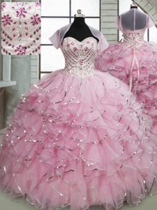 Sleeveless Organza Brush Train Lace Up Ball Gown Prom Dress in Baby Pink with Beading and Ruffles
